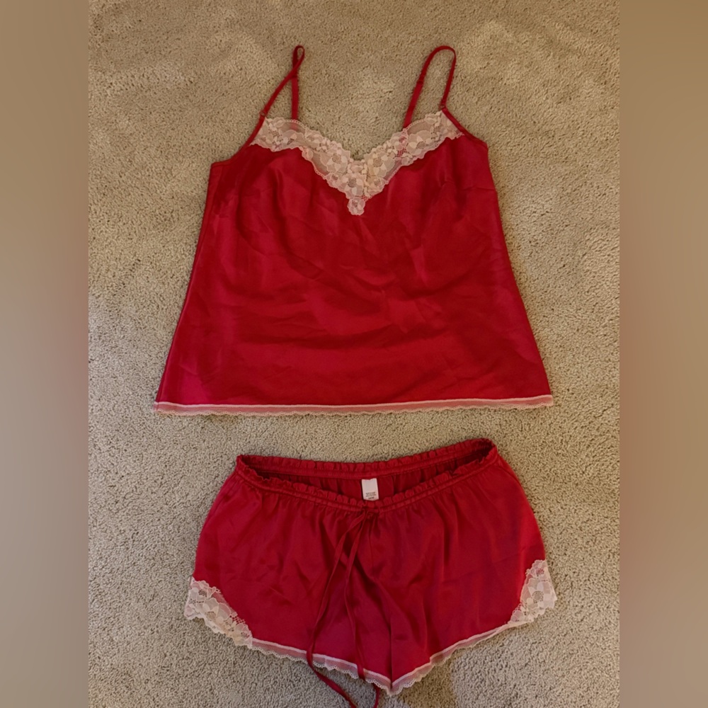 Victoria's Secret Red Cami & Shorts Sleep Set with Cream Lace